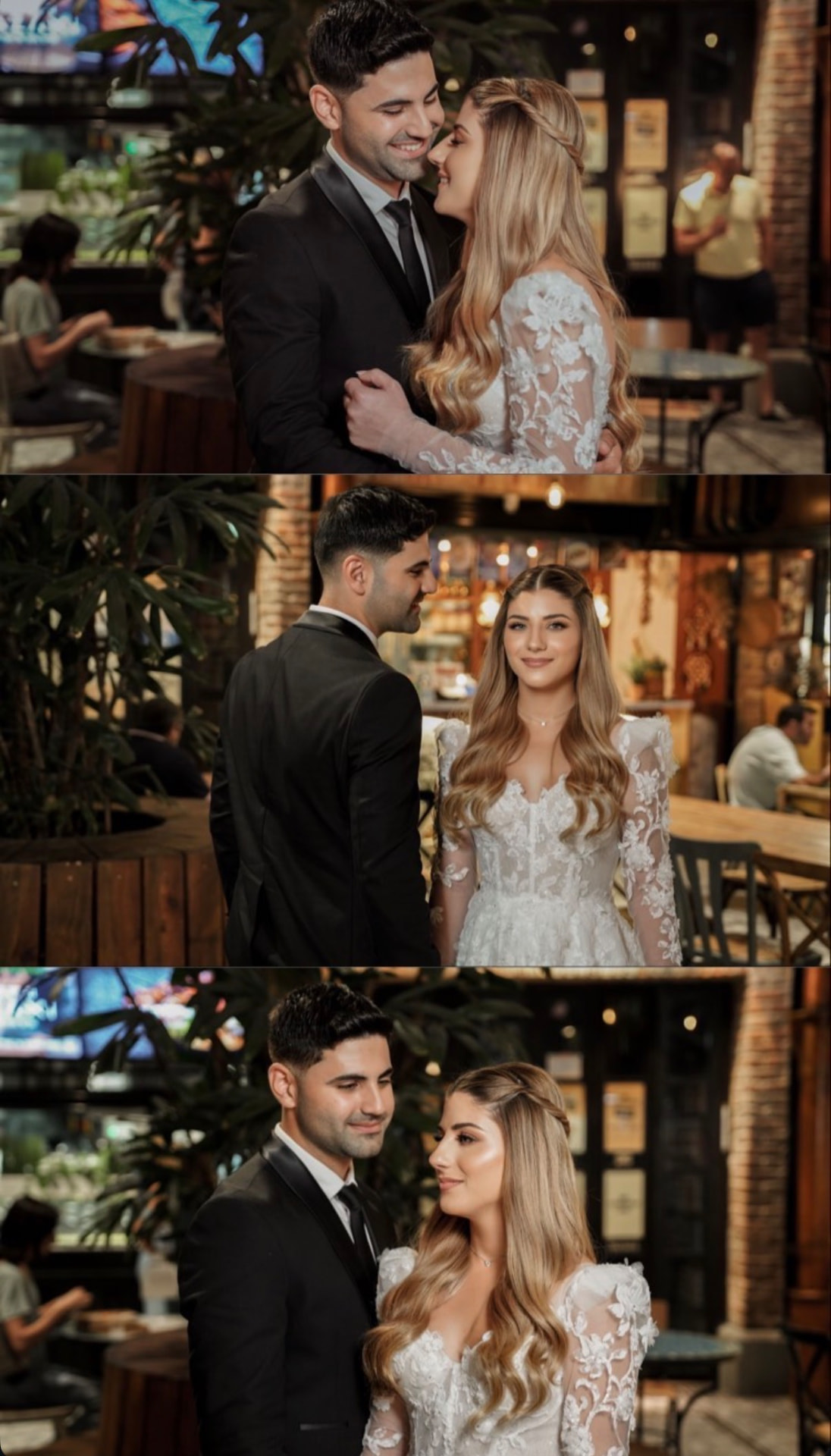 Triptych of a couple laughing together in a café