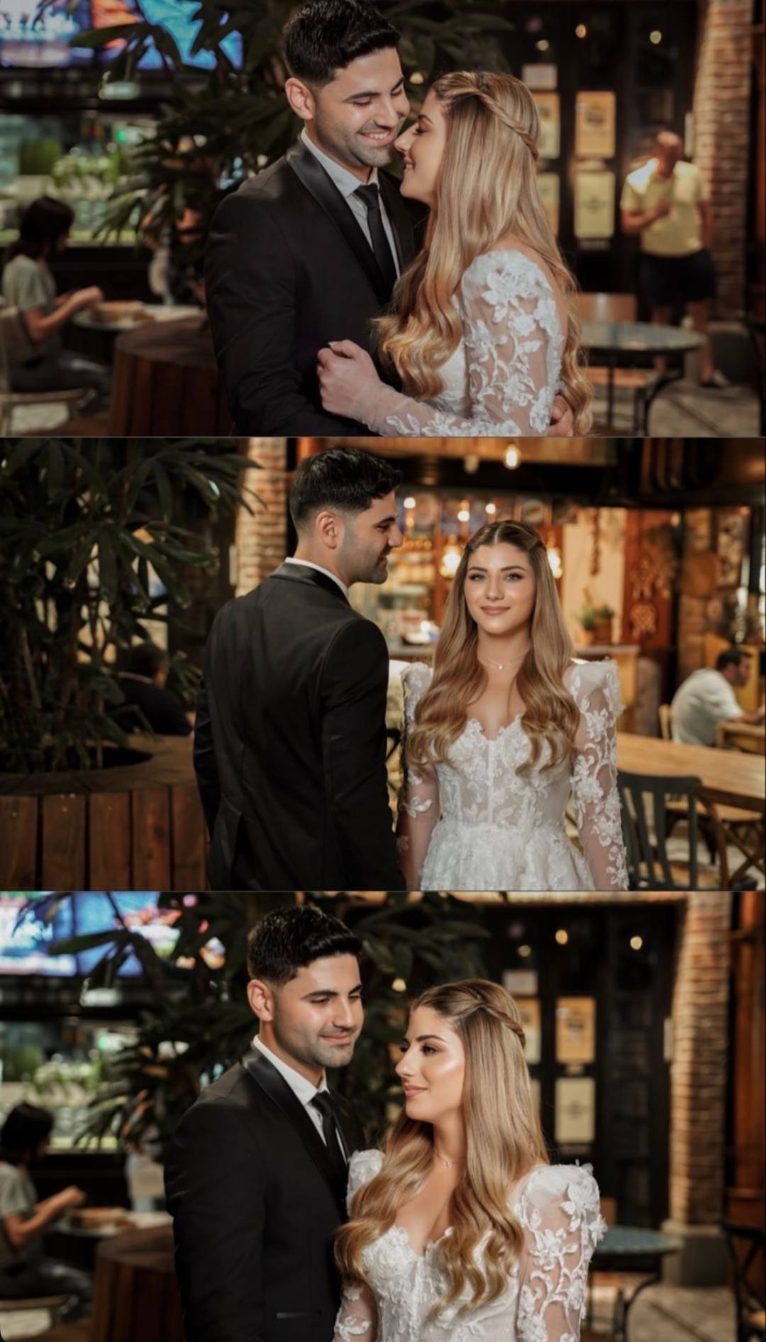 Triptych of a couple laughing together in a café
